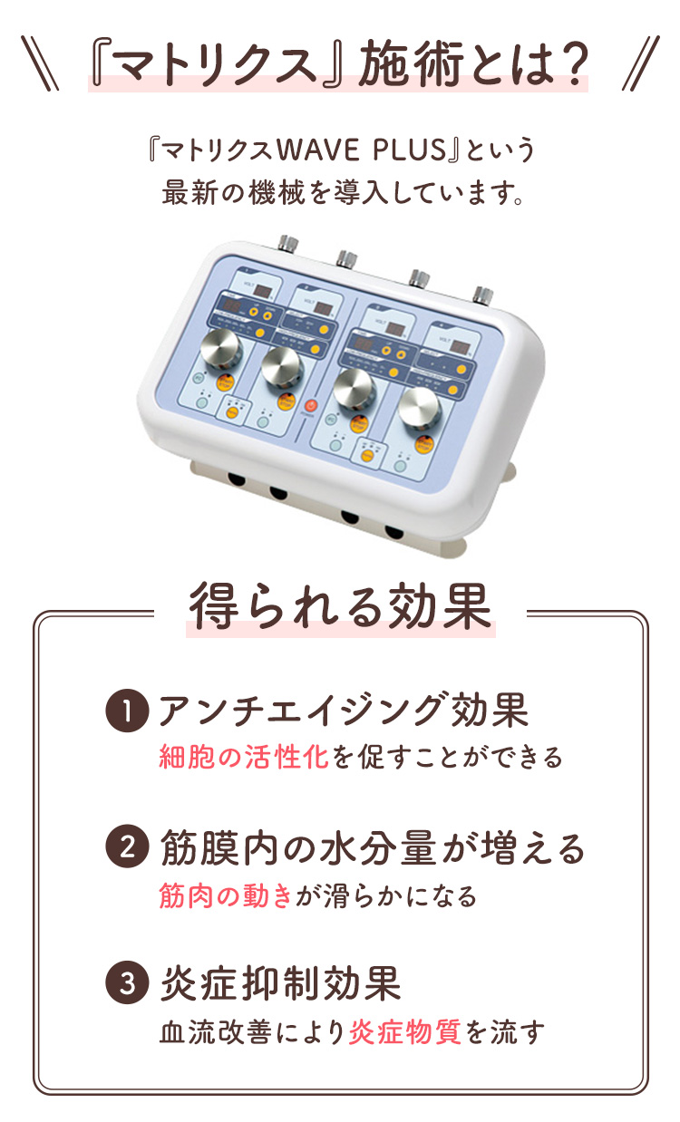 マトリクス施術とは？『マトリクスWAVE PLUS』という最新の機械を導入しています。得られる効果 1.アンチエイジング効果、細胞の活性化を促すことが出来る。 2.筋膜内の水分量が増える、筋肉の動きが滑らかになる。 3.炎症抑制効果、血流改善により炎症物質を流す。